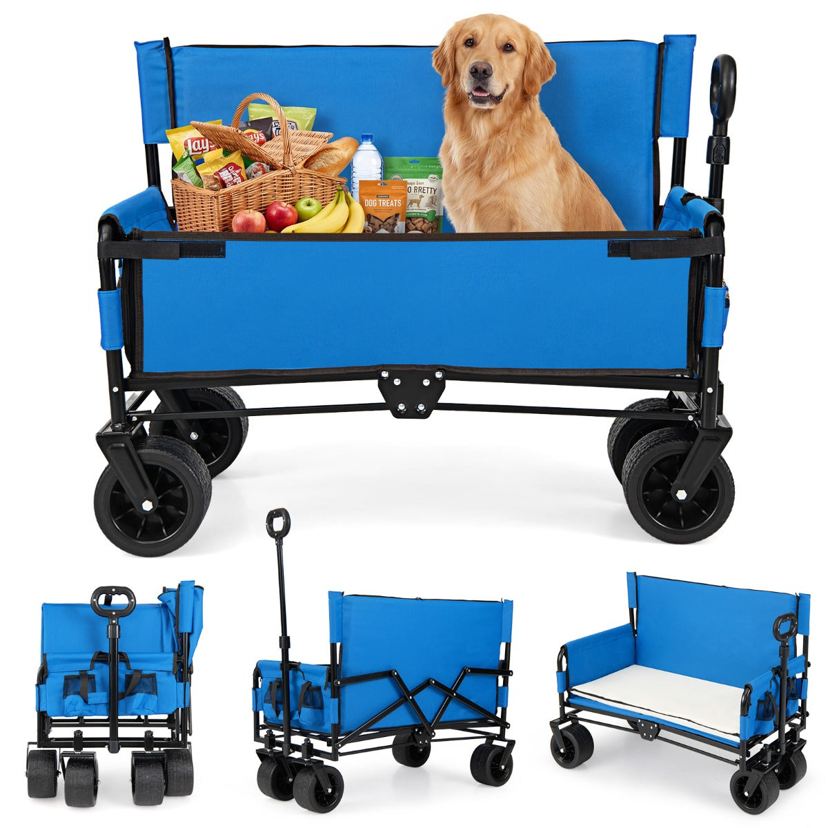 Livsk costway 2 in 1 opvouwbare kinderwagen met verstelbare duwstang voorzien van een zacht zitkussen en terreinwielen blauw
