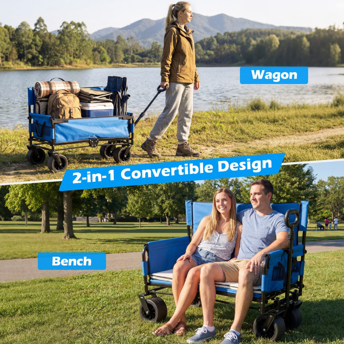 Livsk costway 2 in 1 opvouwbare kinderwagen met verstelbare duwstang voorzien van een zacht zitkussen en terreinwielen blauw