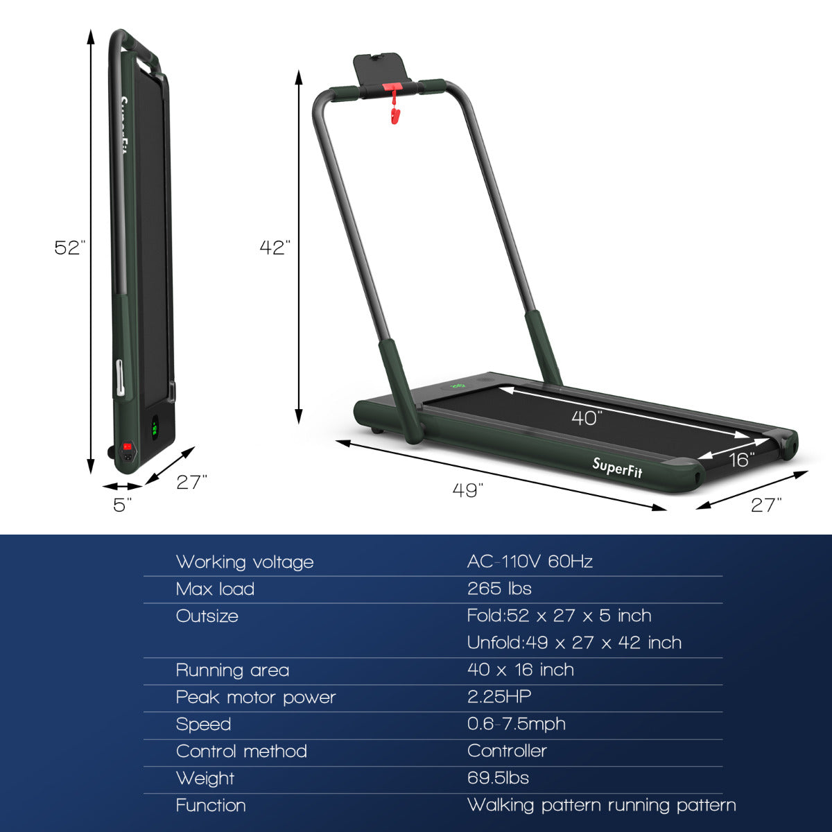LIVSK 2-in-1 Opvouwbare Loopband - 2,25HP Motor - LED Display - Bluetooth - Telefoonhouder - Tot 120 kg - Groen