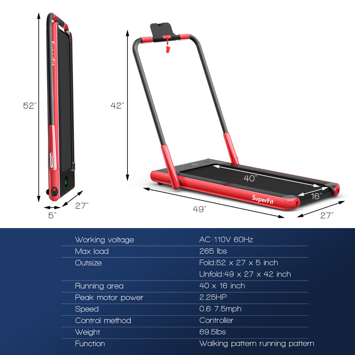 LIVSK Elektrische Loopband - 1-12 km/h - Antislip en Schokbestendig - Bluetooth en APP Bediening - Opvouwbaar - Rood