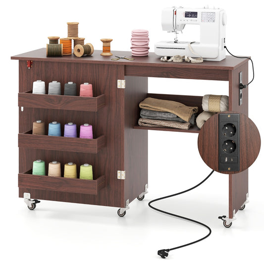 LIVSK Opklapbare Naaitafel met Oplaadstation - 5 Wielen - Opbergoplossingen - Tot 20 kg - 116 x 41 x 78 cm - Koffie