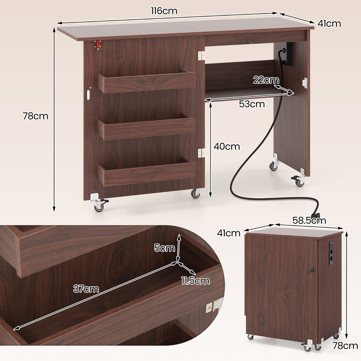 LIVSK Opklapbare Naaitafel met Oplaadstation - 5 Wielen - Opbergoplossingen - Tot 20 kg - 116 x 41 x 78 cm - Koffie