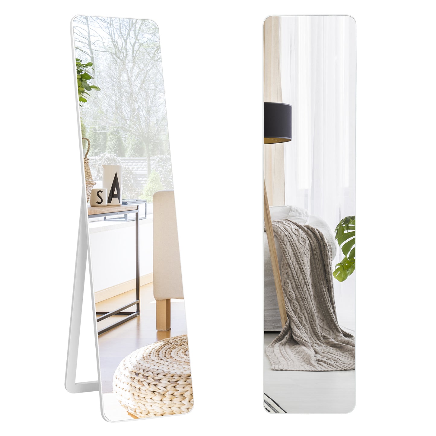 LIVSK Staande/Hangende Passpiegel 160 x 37 cm - HD Beeldvorming - Massief Houten Frame - U-vormige Beugel - Wit