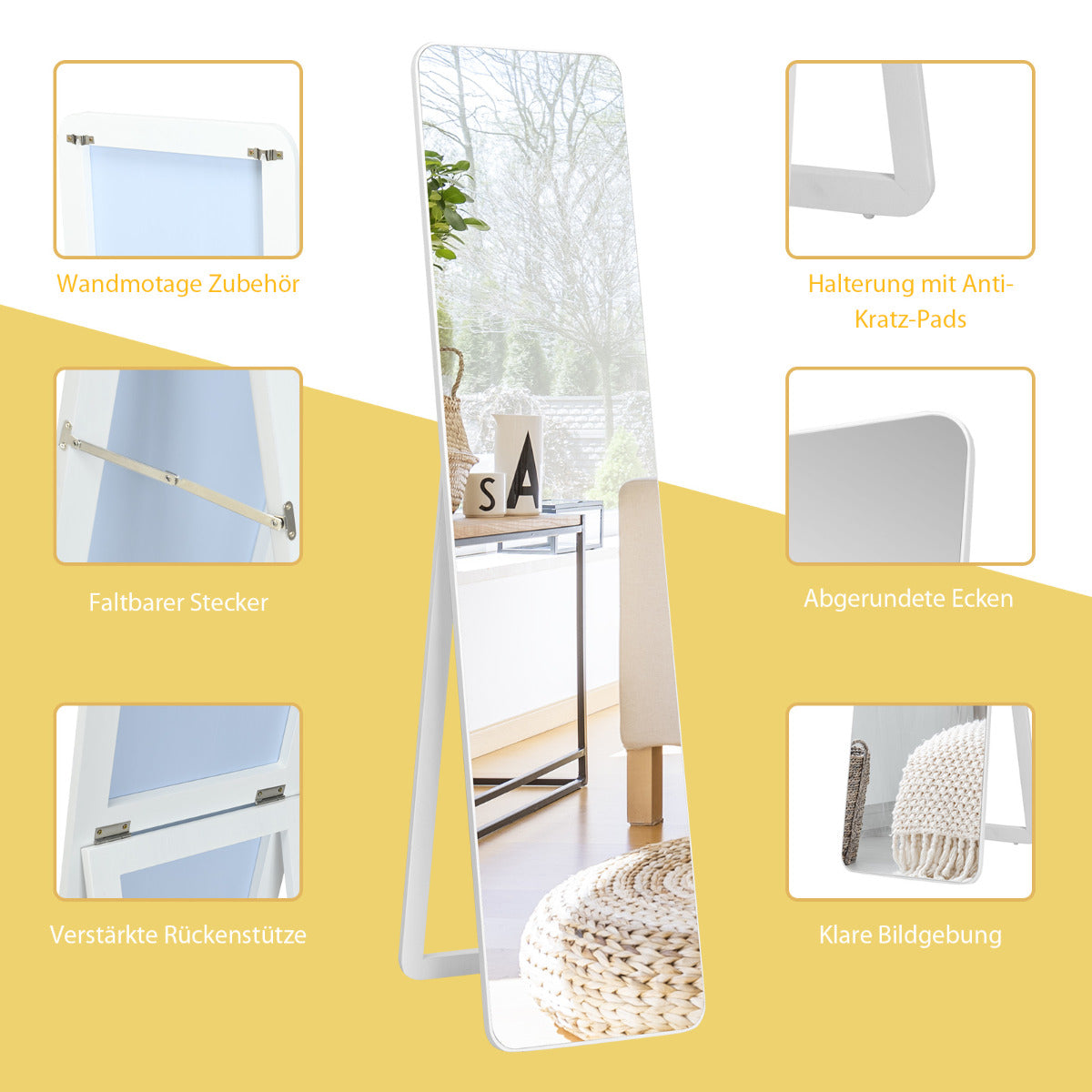 LIVSK Staande/Hangende Passpiegel 160 x 37 cm - HD Beeldvorming - Massief Houten Frame - U-vormige Beugel - Wit