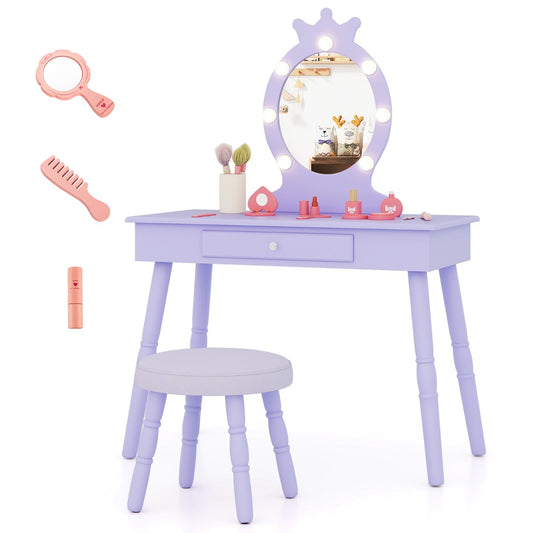Livsk costway 2 in 1 prinsessenkaptafel met afneembare spiegel en lades kinderkaptafel paars