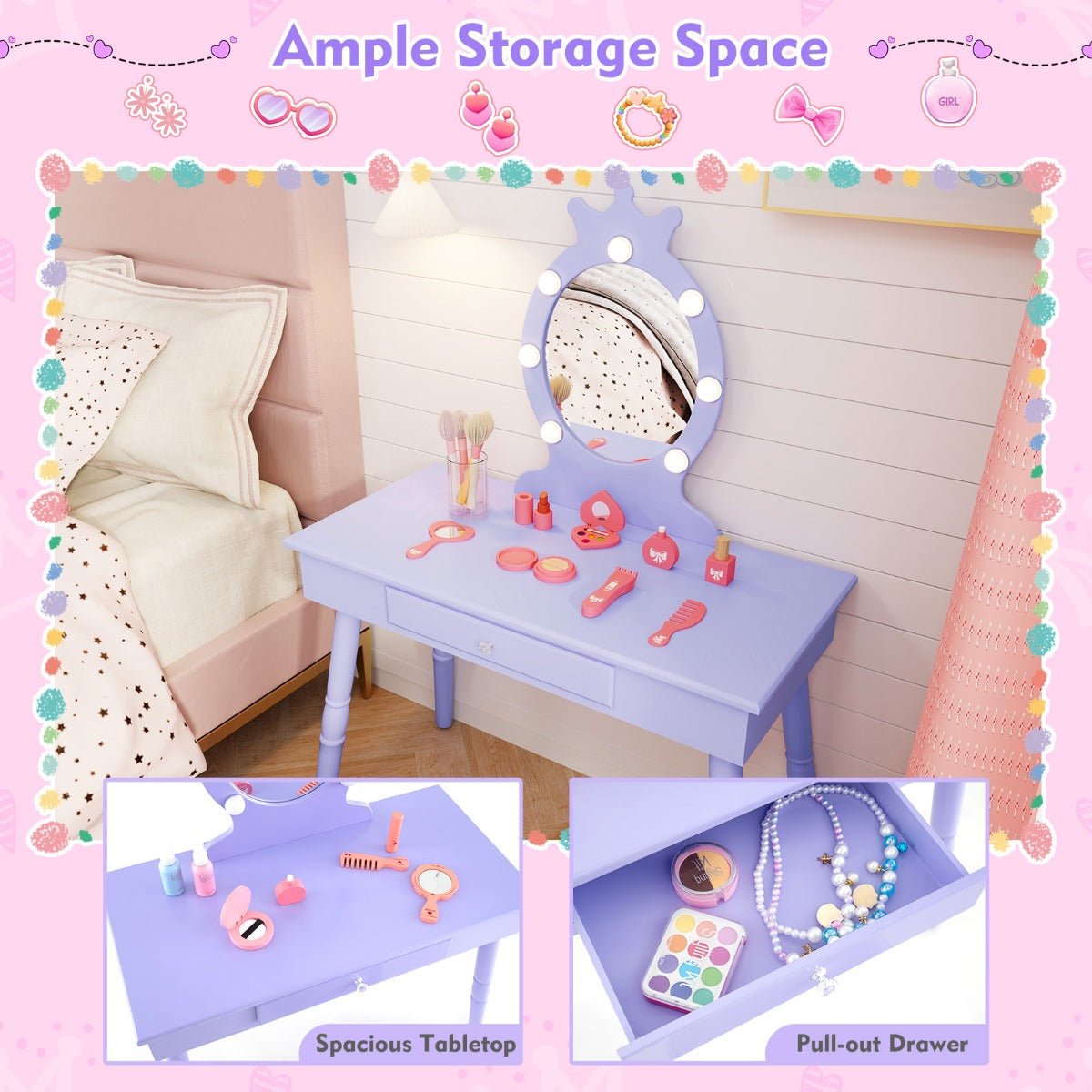 Livsk costway 2 in 1 prinsessenkaptafel met afneembare spiegel en lades kinderkaptafel paars 2