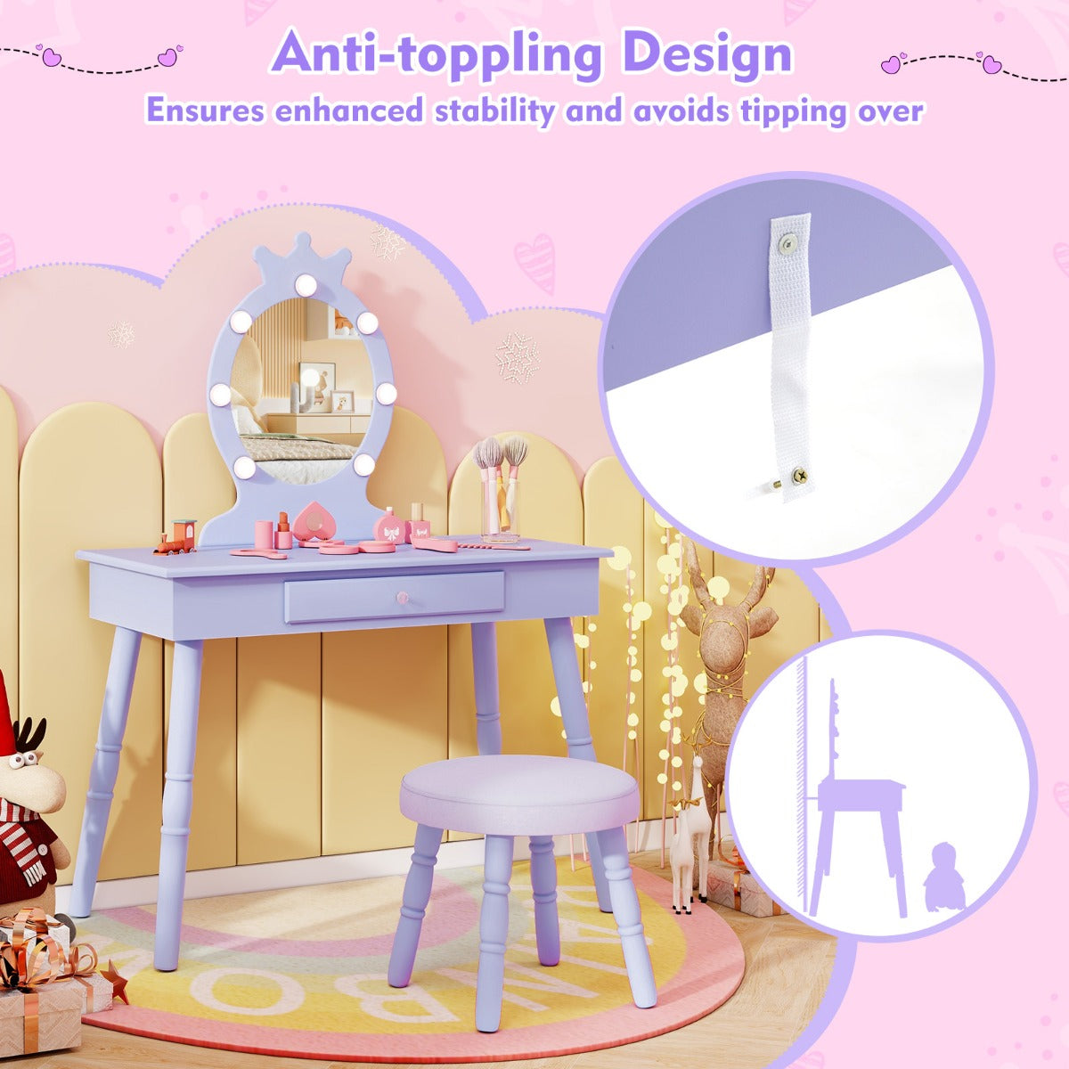 Livsk costway 2 in 1 prinsessenkaptafel met afneembare spiegel en lades kinderkaptafel paars 6