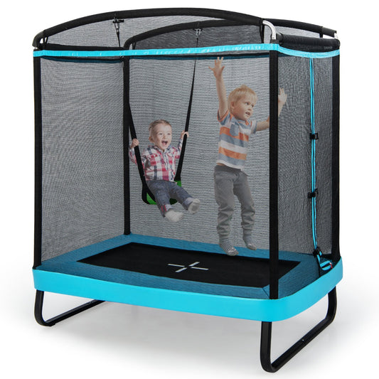 LIVSK 2-in-1 Kindertrampoline met Schommel - Veiligheidsnet - Robuust U-vormig Frame - Tot 100 kg - 190 x 122 x 211 cm - Zwart en