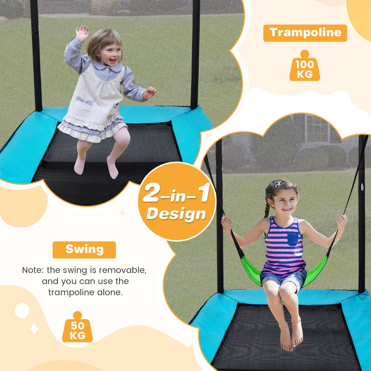 LIVSK 2-in-1 Kindertrampoline met Schommel - Veiligheidsnet - Robuust U-vormig Frame - Tot 100 kg - 190 x 122 x 211 cm - Zwart en