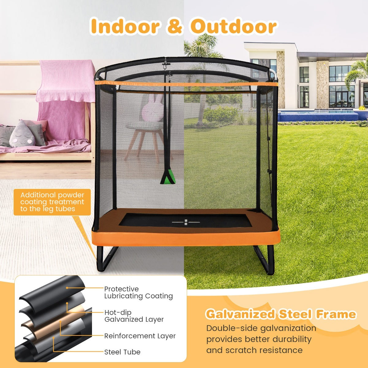 LIVSK Kindertrampoline met Schommel - 2-in-1 Plezier - 100 kg Draagvermogen - Veiligheidsnet - Zwart en Oranje