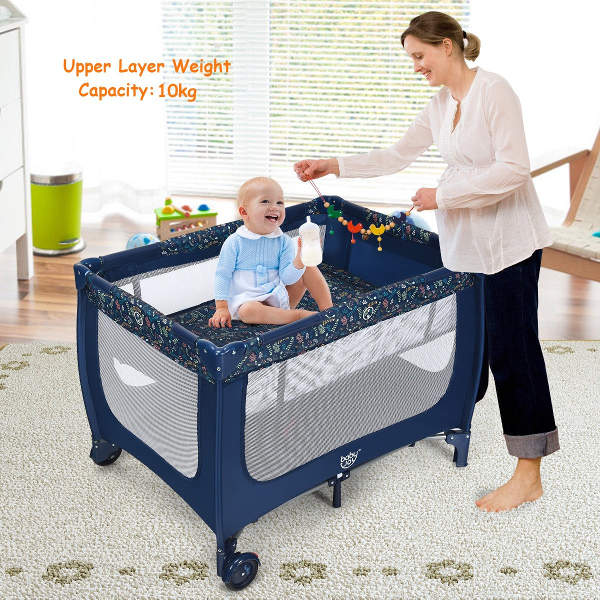 Livsk costway 2 in 1 reisbed box inklapbaar kinderbed 2 niveaus babybed met matras en draagtas draagbare kinderbox 120 x 60 cm blauw 4