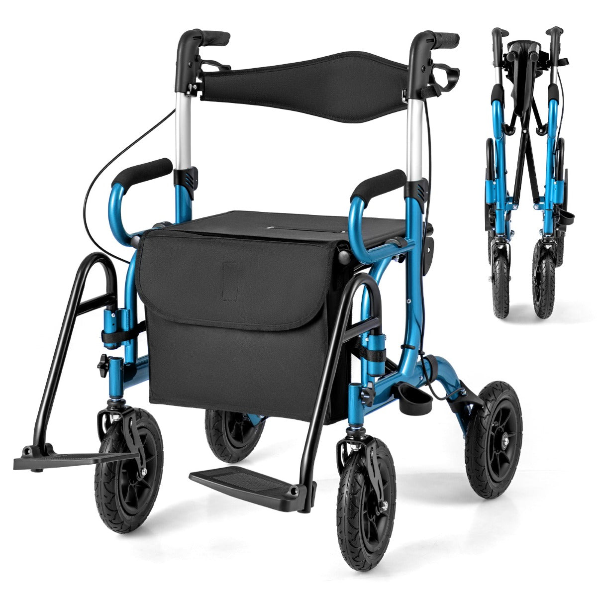 LIVSK 2-in-1 Rollator en Rolstoel - 6-voudige Hoogteverstelling - Pneumatische Banden - Veilig Remsysteem - Max. 140 kg - Zwart