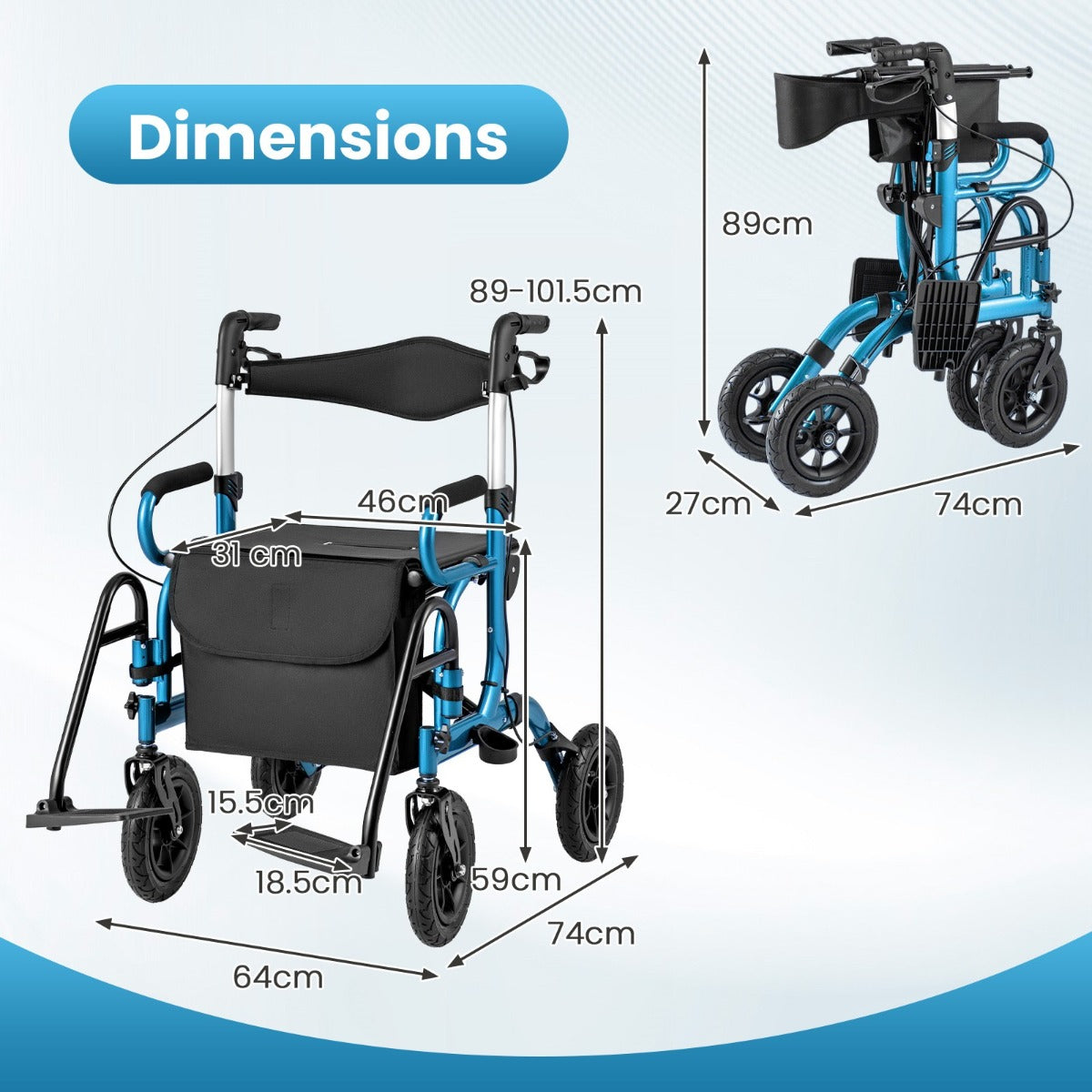 LIVSK 2-in-1 Rollator en Rolstoel - 6-voudige Hoogteverstelling - Pneumatische Banden - Veilig Remsysteem - Max. 140 kg - Zwart