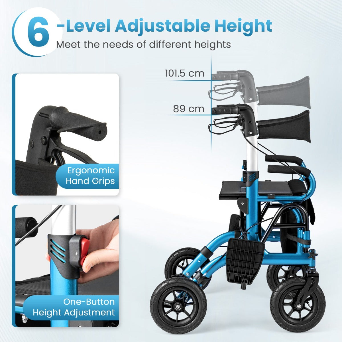 LIVSK 2-in-1 Rollator en Rolstoel - 6-voudige Hoogteverstelling - Pneumatische Banden - Veilig Remsysteem - Max. 140 kg - Zwart