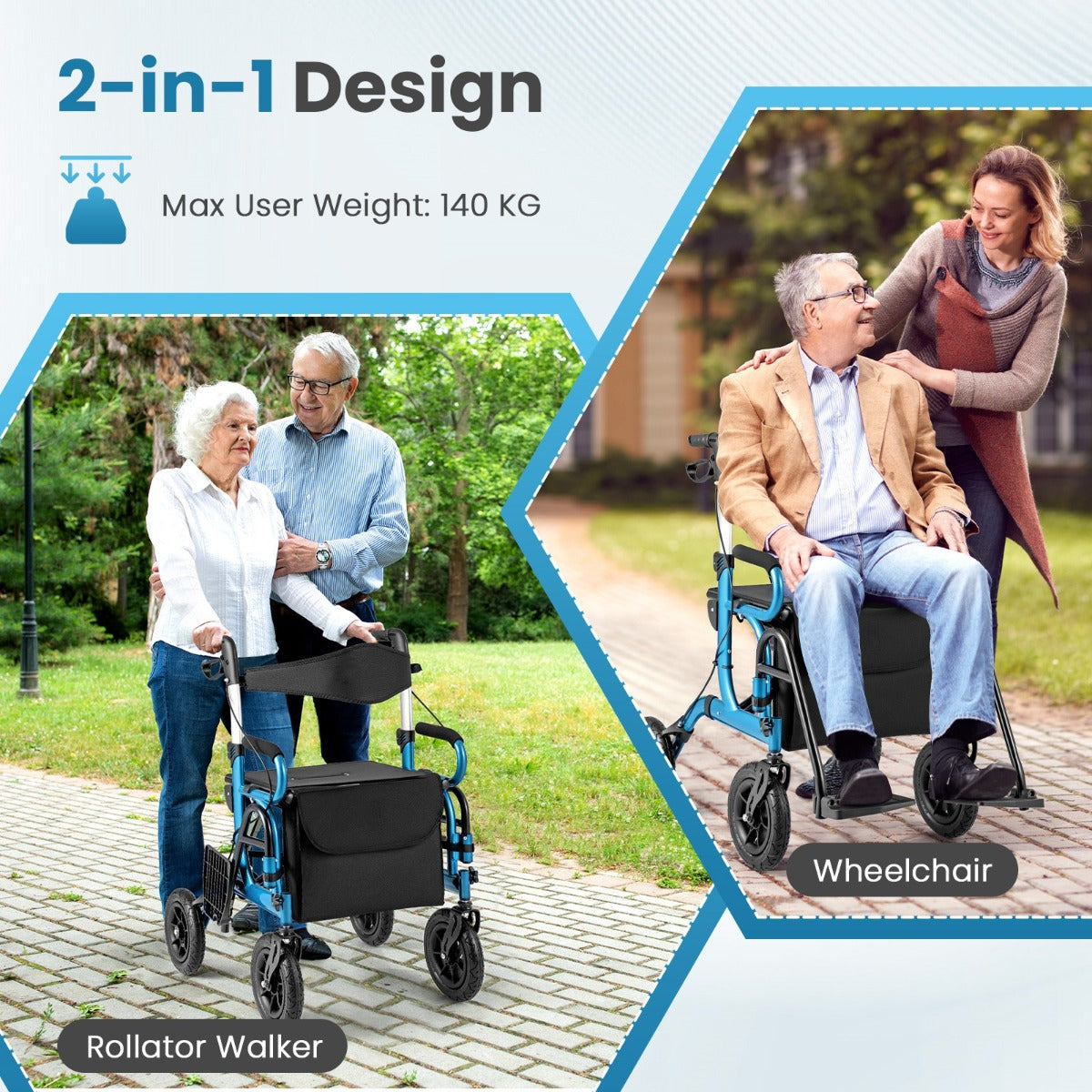 LIVSK 2-in-1 Rollator en Rolstoel - 6-voudige Hoogteverstelling - Pneumatische Banden - Veilig Remsysteem - Max. 140 kg - Zwart