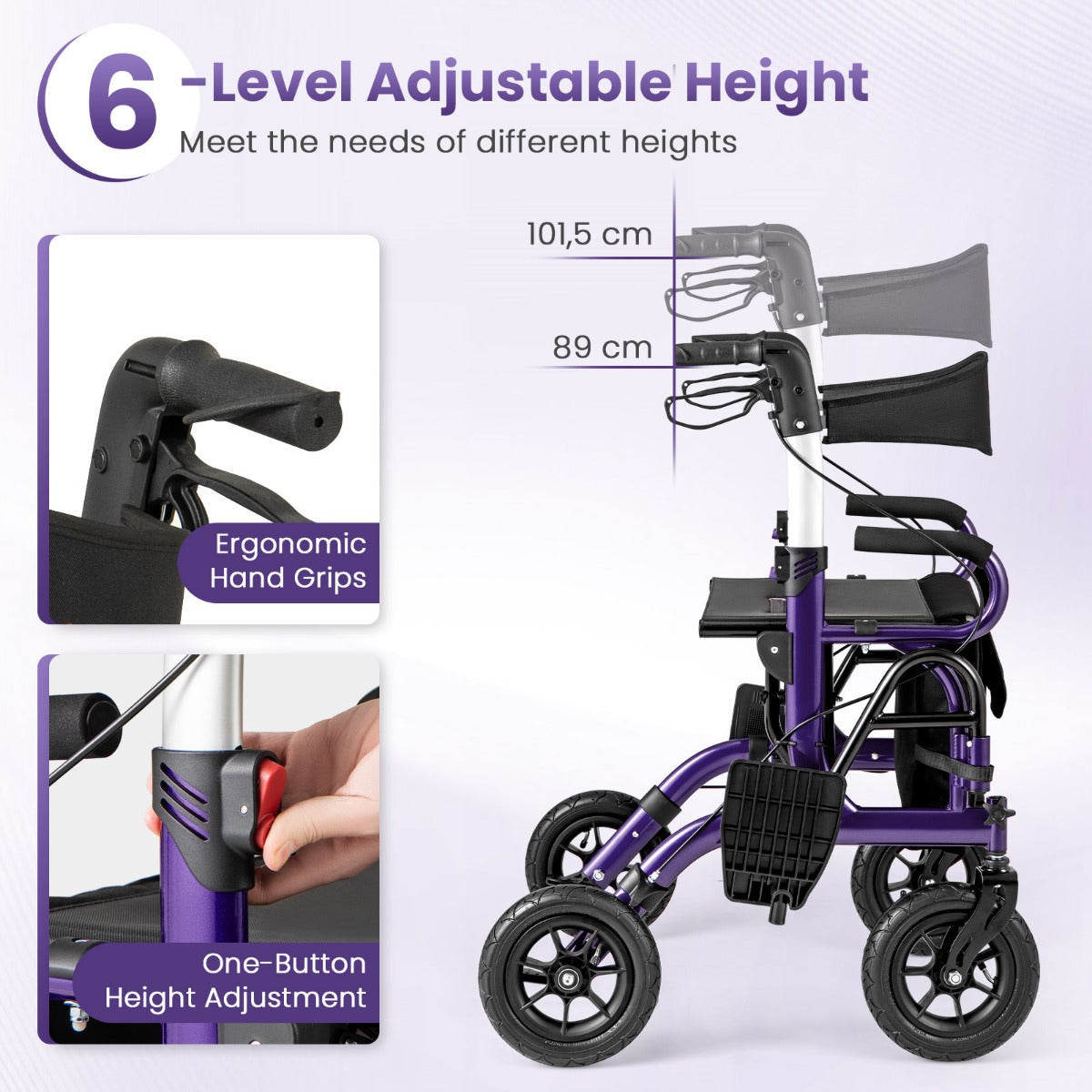 Livsk costway 2 in 1 rollator met luchtbanden en zitting rolstoel en reisrollator loophulp 6 voudig in hoogte verstelbaar loopwagen met tas paars 2