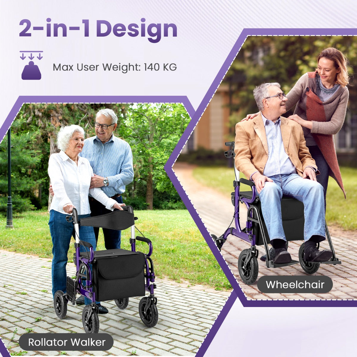Livsk costway 2 in 1 rollator met luchtbanden en zitting rolstoel en reisrollator loophulp 6 voudig in hoogte verstelbaar loopwagen met tas paars 4