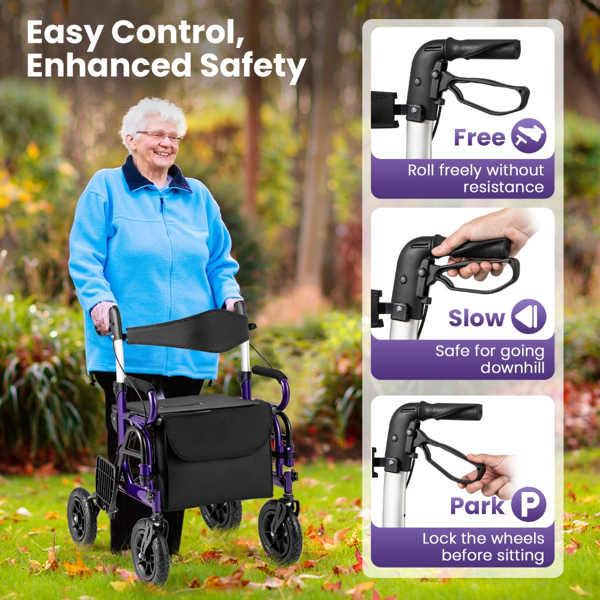 Livsk costway 2 in 1 rollator met luchtbanden en zitting rolstoel en reisrollator loophulp 6 voudig in hoogte verstelbaar loopwagen met tas paars 5