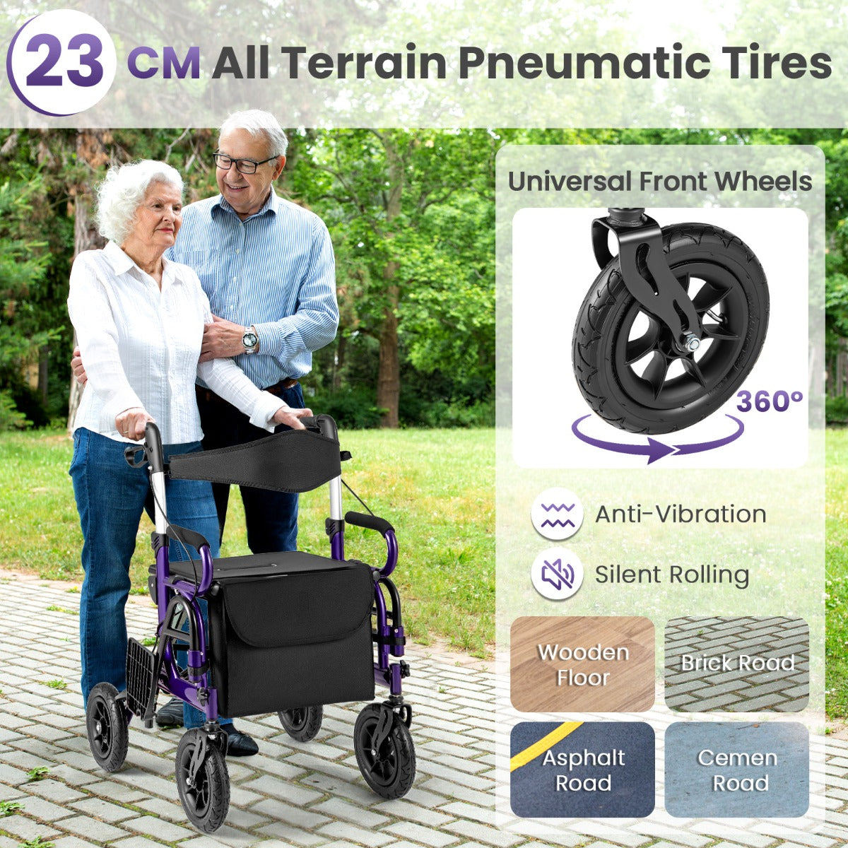 Livsk costway 2 in 1 rollator met luchtbanden en zitting rolstoel en reisrollator loophulp 6 voudig in hoogte verstelbaar loopwagen met tas paars 6