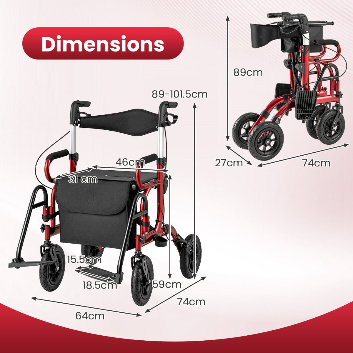 LIVSK 2-in-1 Rollator en Rolstoel - Hoogteverstelbaar - Schokabsorberende Banden - Opvouwbaar - Tot 140 kg - Zwart