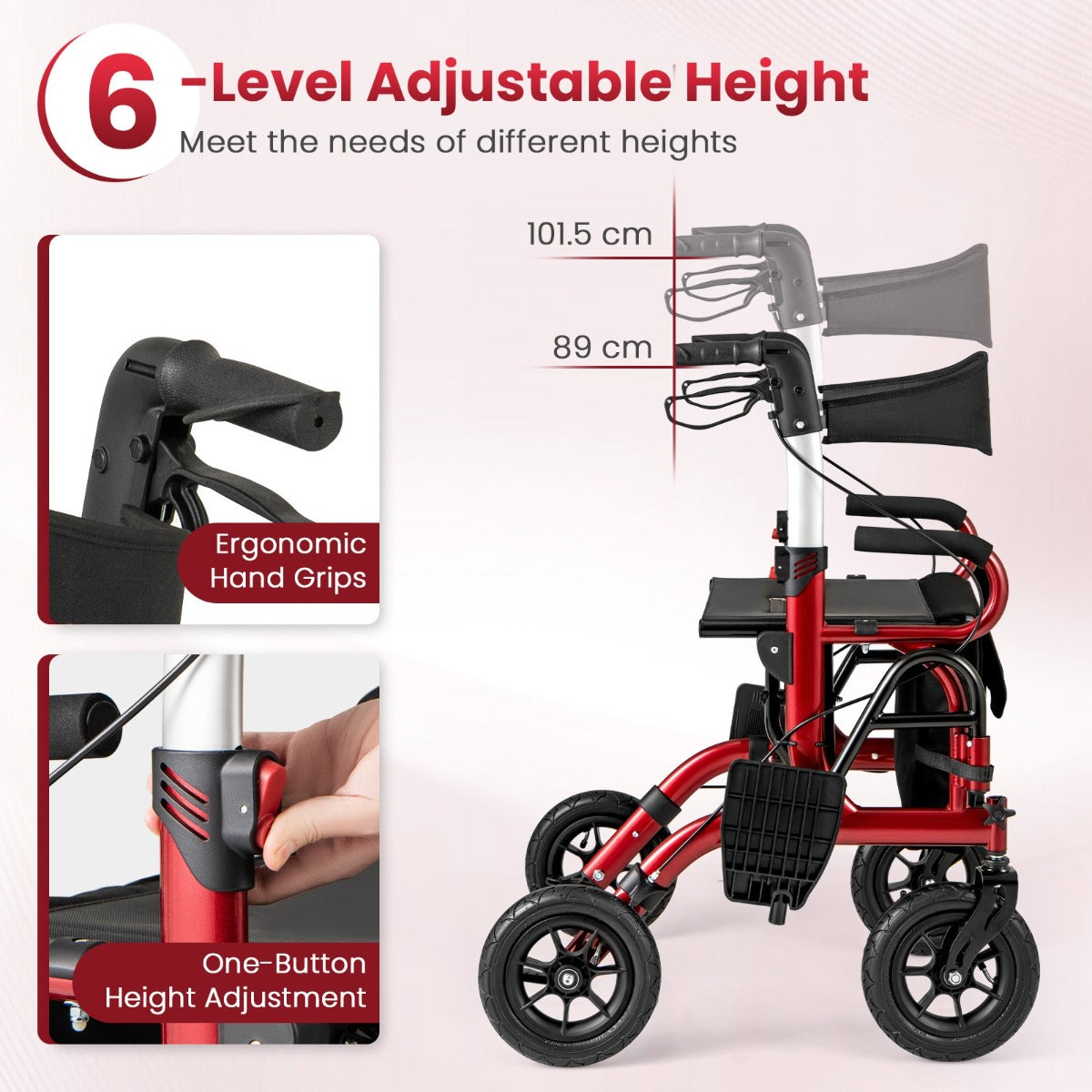 LIVSK 2-in-1 Rollator en Rolstoel - Hoogteverstelbaar - Schokabsorberende Banden - Opvouwbaar - Tot 140 kg - Zwart