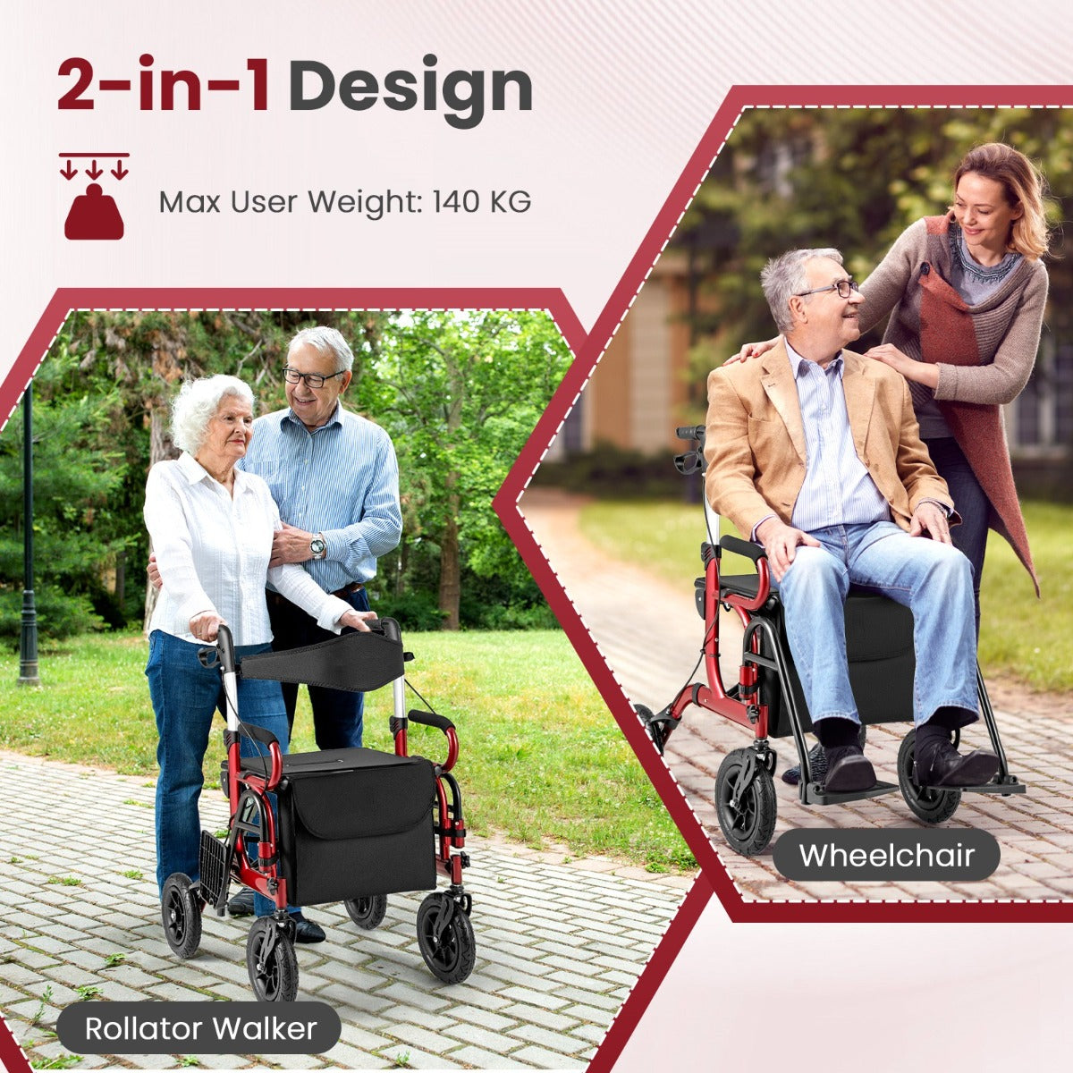 LIVSK 2-in-1 Rollator en Rolstoel - Hoogteverstelbaar - Schokabsorberende Banden - Opvouwbaar - Tot 140 kg - Zwart