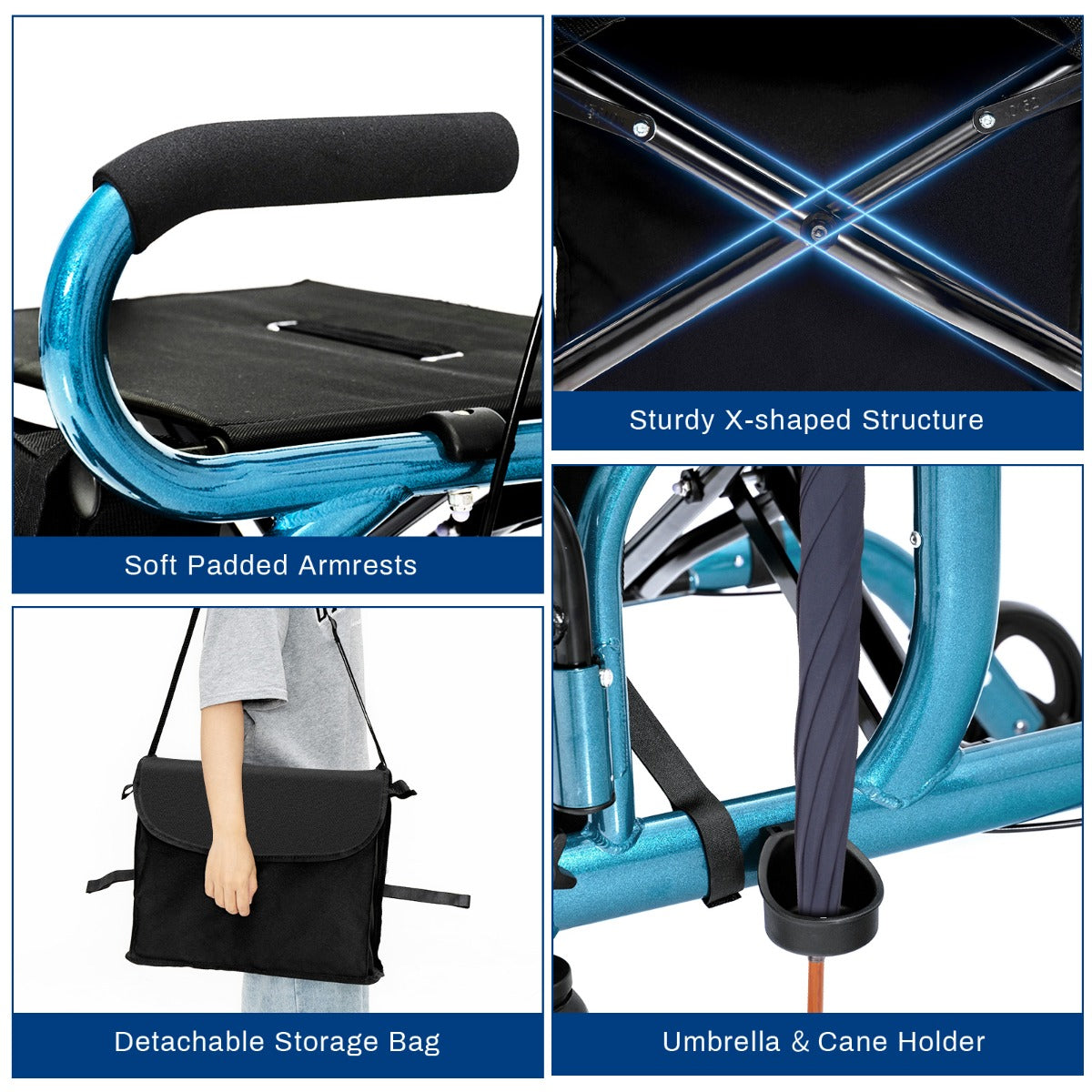 LIVSK 2-in-1 Looprek en Rolstoel - Opvouwbaar met Verstelbare Handgrepen - Voor Senioren - Tot 160 kg - Blauw + Zwart