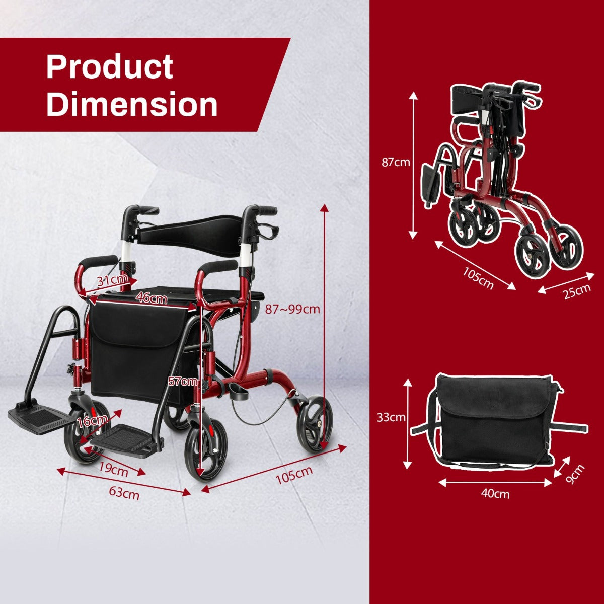 LIVSK 2-in-1 Rollator - Opvouwbaar - Omkeerbare Rugleuning - Verstelbare Handgrepen - Tot 160 kg - Rood en Zwart