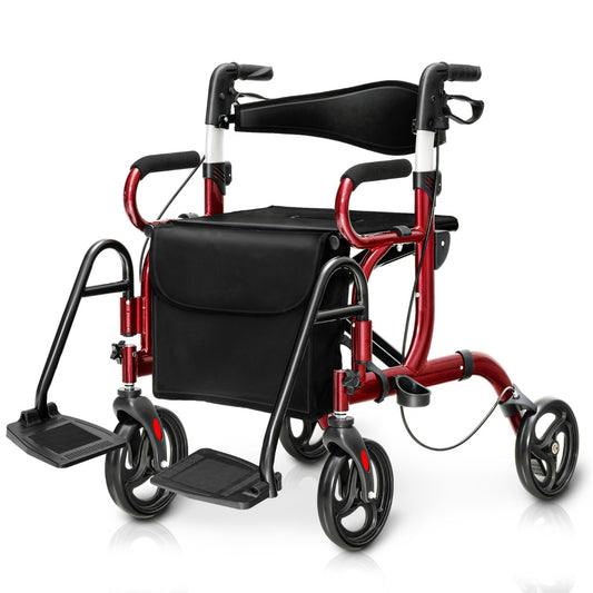 LIVSK 2-in-1 Rollator - Opvouwbaar - Omkeerbare Rugleuning - Verstelbare Handgrepen - Tot 160 kg - Rood en Zwart