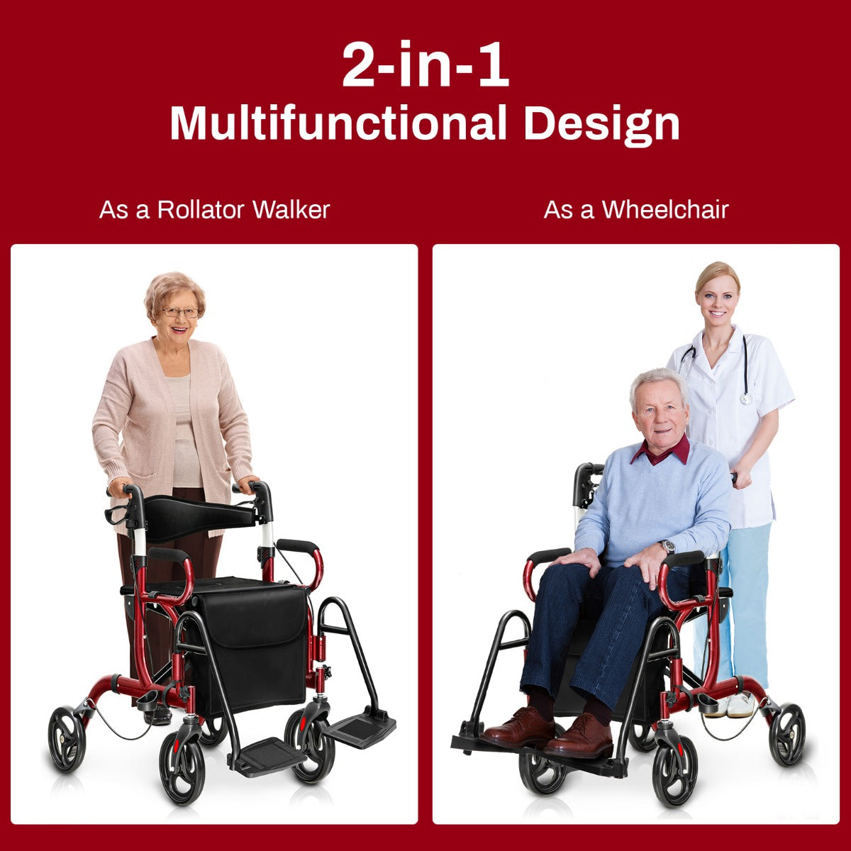 LIVSK 2-in-1 Rollator - Opvouwbaar - Omkeerbare Rugleuning - Verstelbare Handgrepen - Tot 160 kg - Rood en Zwart
