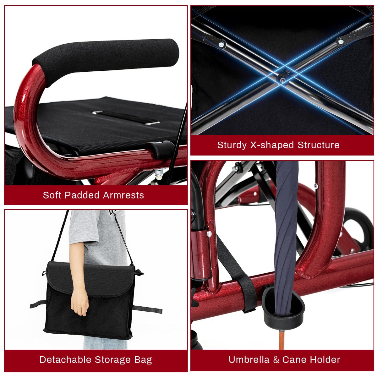 LIVSK 2-in-1 Rollator - Opvouwbaar - Omkeerbare Rugleuning - Verstelbare Handgrepen - Tot 160 kg - Rood en Zwart