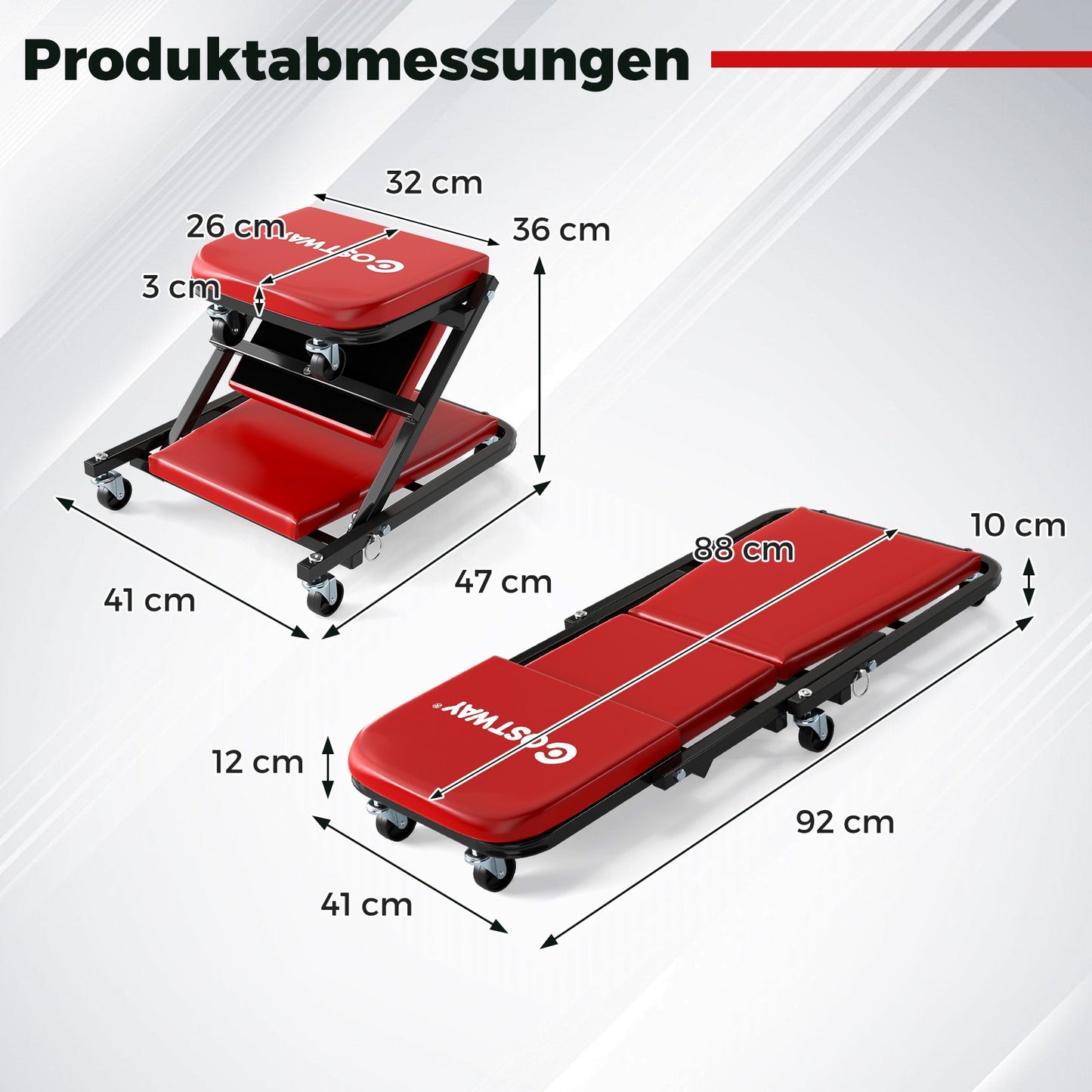 LIVSK 2-in-1 Garagekriecher - Converteerbaar Ontwerp - Robuust Metaal - Ondersteunt tot 150 kg - 6 Draaibare Wielen - Zwart + Rood