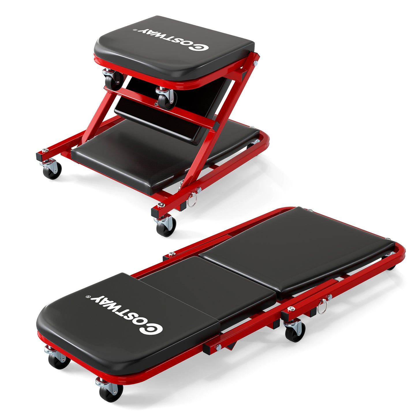 LIVSK 2-in-1 Garagekriecher - Converteerbaar van Ligplatform naar Kruk - Belastbaar tot 150 kg - 6 Draaibare Wielen - Zwart + Rood