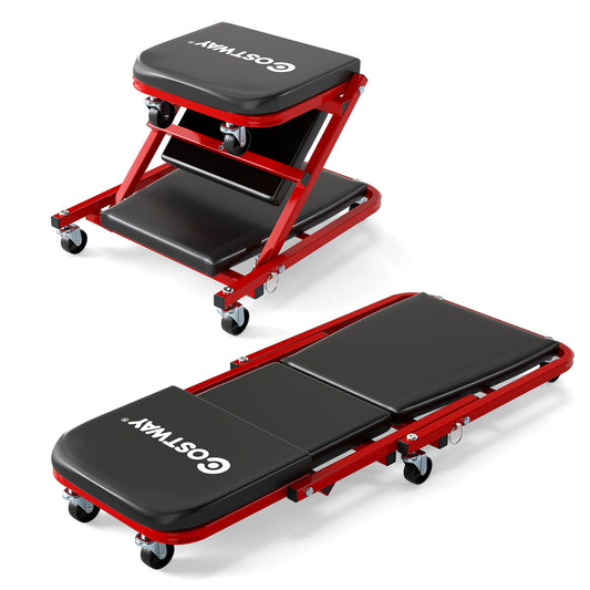 LIVSK 2-in-1 Garagekriecher - Converteerbaar van Ligplatform naar Kruk - Belastbaar tot 150 kg - 6 Draaibare Wielen - Zwart + Rood