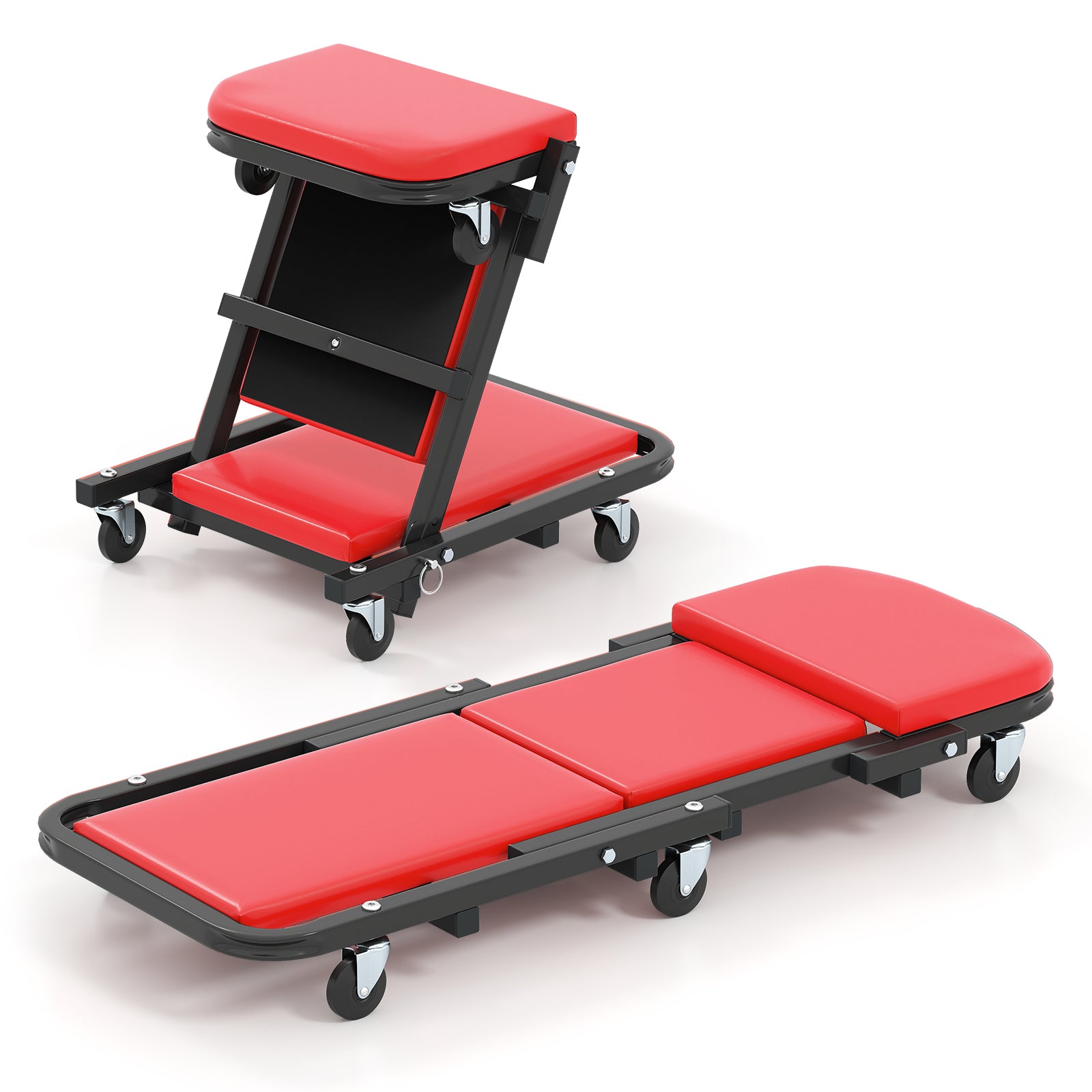 LIVSK 2-in-1 Werkplaatsbank - Ombouwbaar - Robuust Metalen Frame - Draagvermogen tot 160 kg - 6 Draaibare Wielen - Zwart + Rood