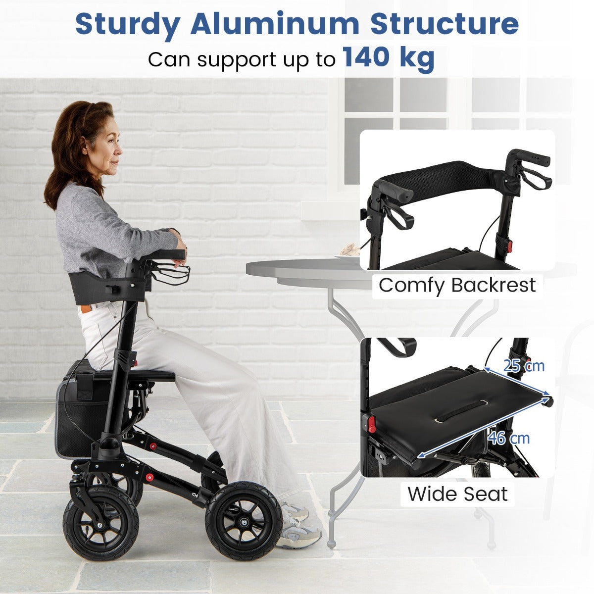 LIVSK Opvouwbare Rollator voor Senioren - Lichtgewicht Aluminium - Luchtbanden - Verstelbare Greephoogte - Comfortabele