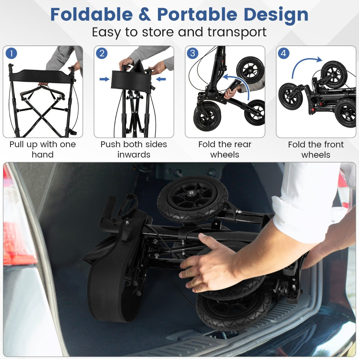 LIVSK Opvouwbare Rollator voor Senioren - Lichtgewicht Aluminium - Luchtbanden - Verstelbare Greephoogte - Comfortabele