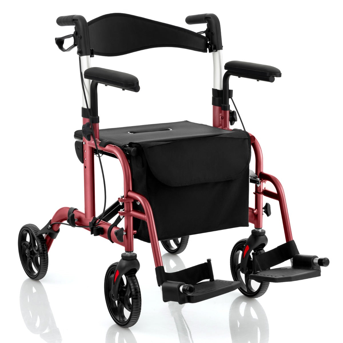 LIVSK 2-in-1 Rollator en Transportstoel - Opvouwbaar - Hoogteverstelbare Handgrepen - Draagvermogen 136 kg - Rood
