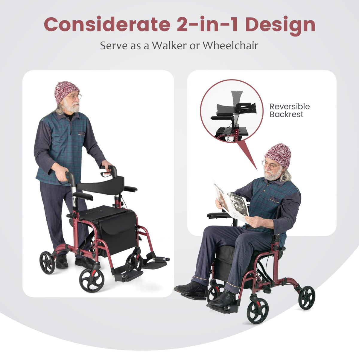 LIVSK 2-in-1 Rollator en Transportstoel - Opvouwbaar - Hoogteverstelbare Handgrepen - Draagvermogen 136 kg - Rood