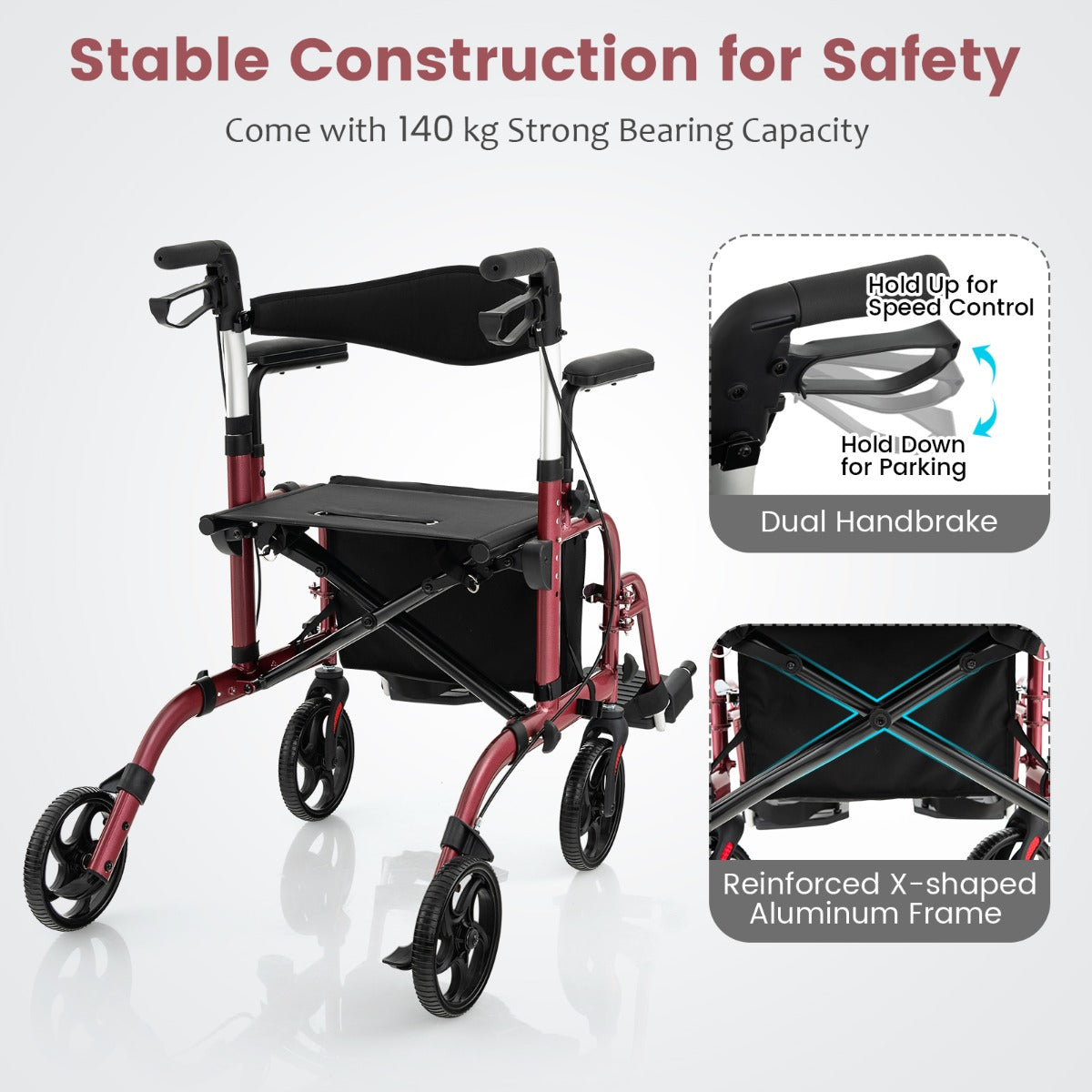 LIVSK 2-in-1 Rollator en Transportstoel - Opvouwbaar - Hoogteverstelbare Handgrepen - Draagvermogen 136 kg - Rood