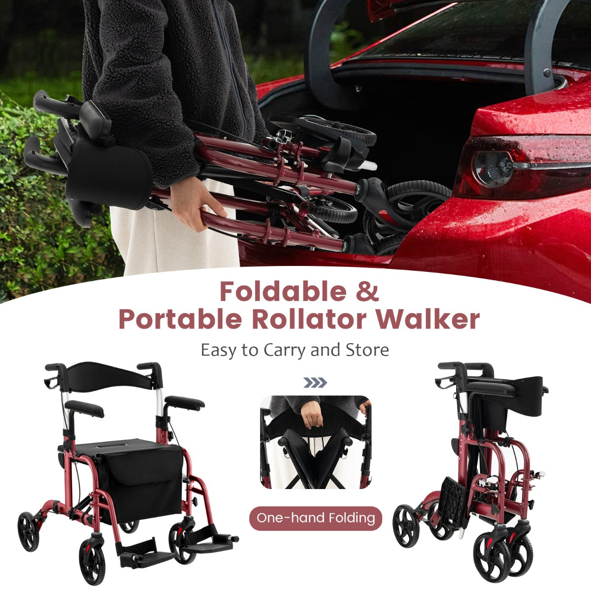 LIVSK 2-in-1 Rollator en Transportstoel - Opvouwbaar - Hoogteverstelbare Handgrepen - Draagvermogen 136 kg - Rood