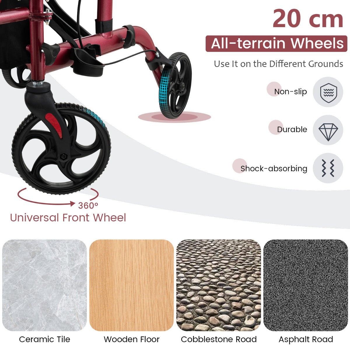 LIVSK 2-in-1 Rollator en Transportstoel - Opvouwbaar - Hoogteverstelbare Handgrepen - Draagvermogen 136 kg - Rood