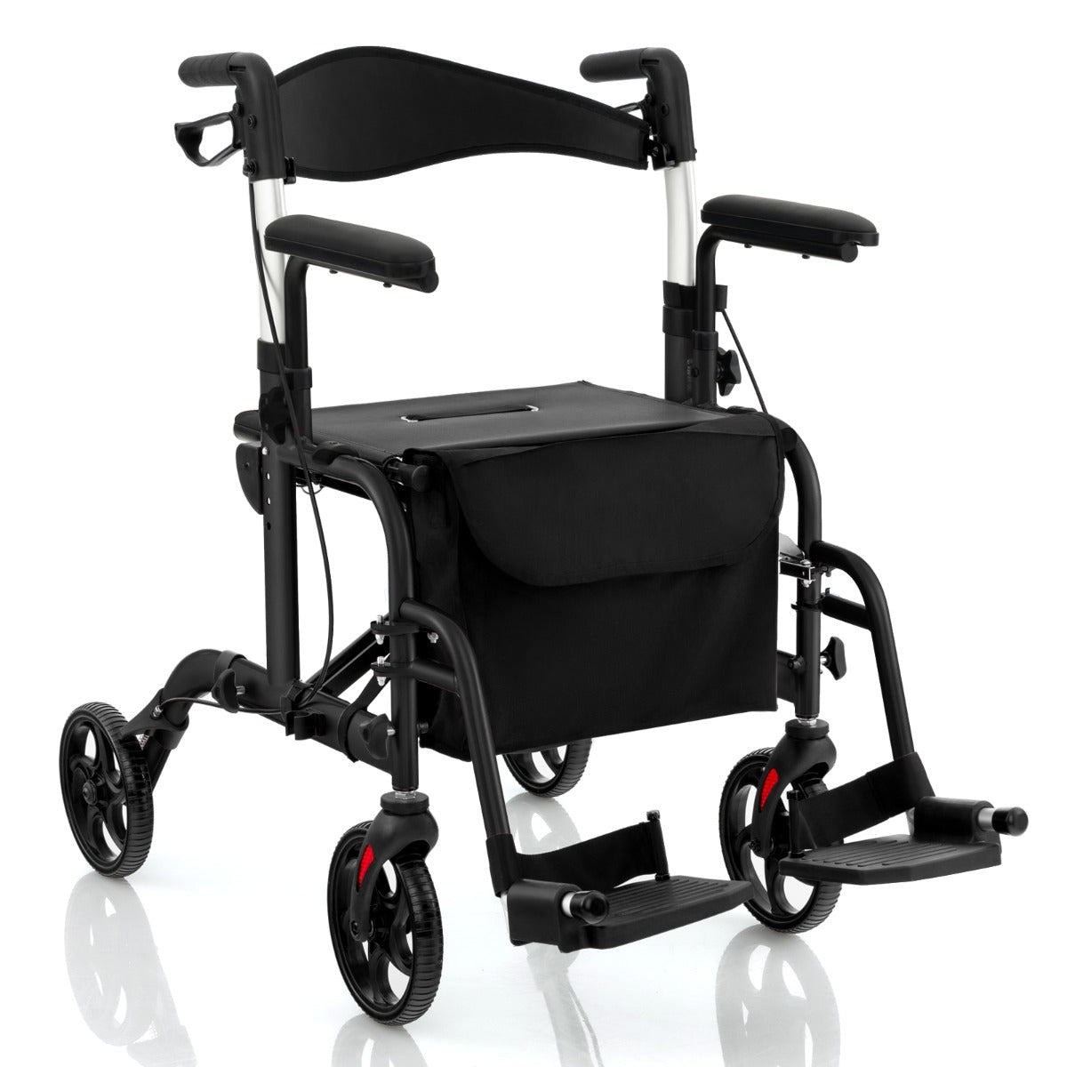 Livsk costway 2 in 1 rolstoel reisrollator met tas dubbele remmen stokhouder rollator zwart