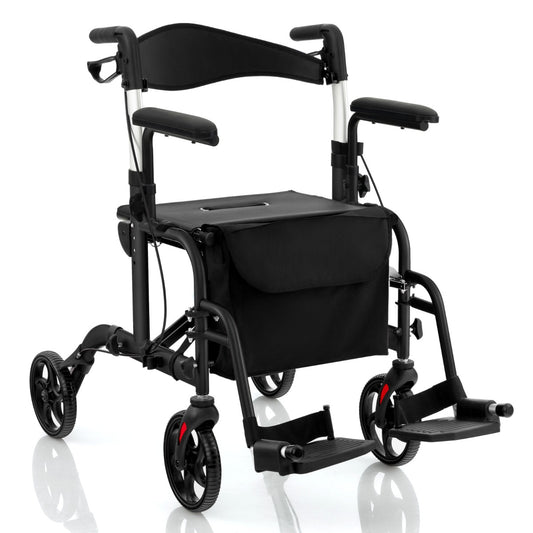 Livsk costway 2 in 1 rolstoel reisrollator met tas dubbele remmen stokhouder rollator zwart
