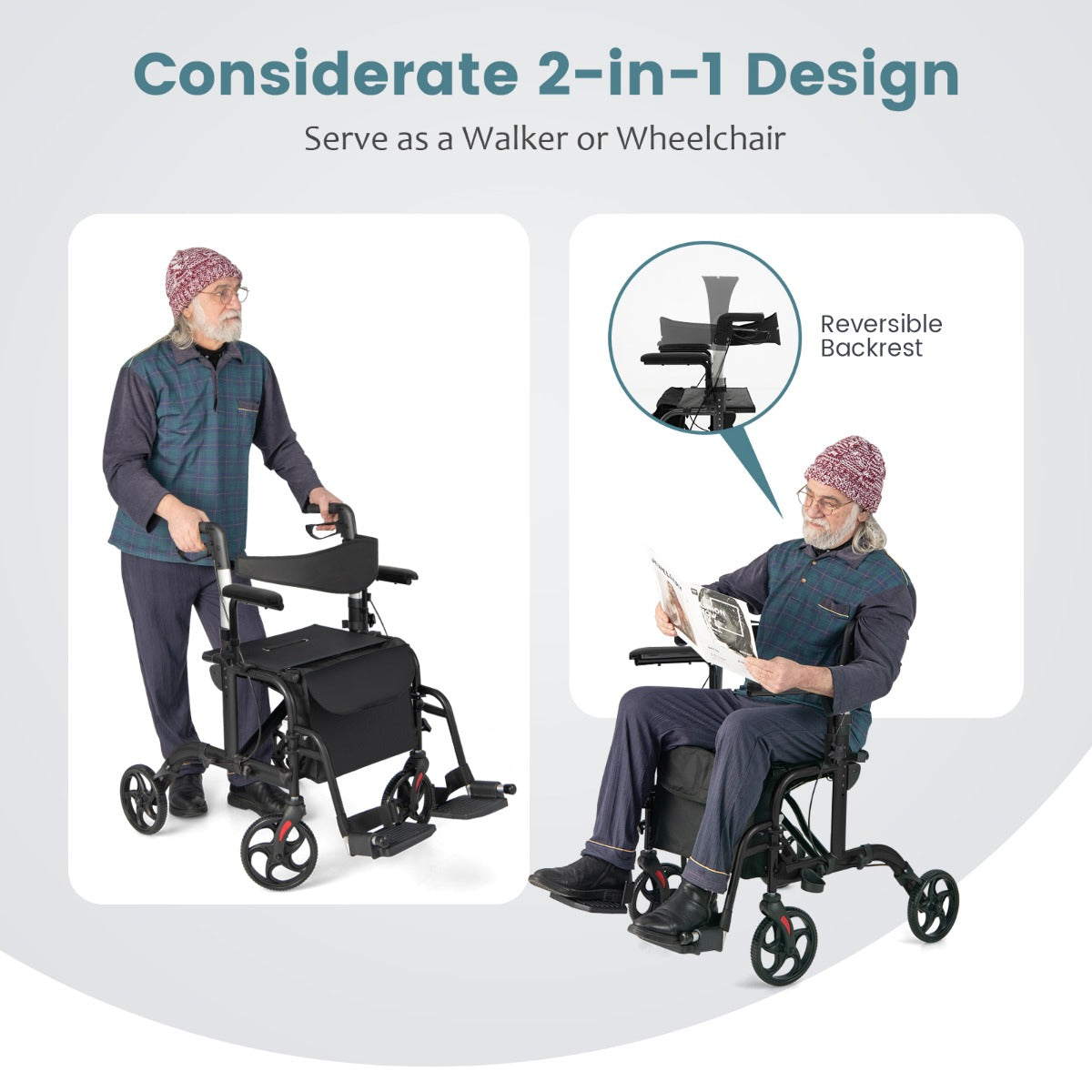Livsk costway 2 in 1 rolstoel reisrollator met tas dubbele remmen stokhouder rollator zwart 3