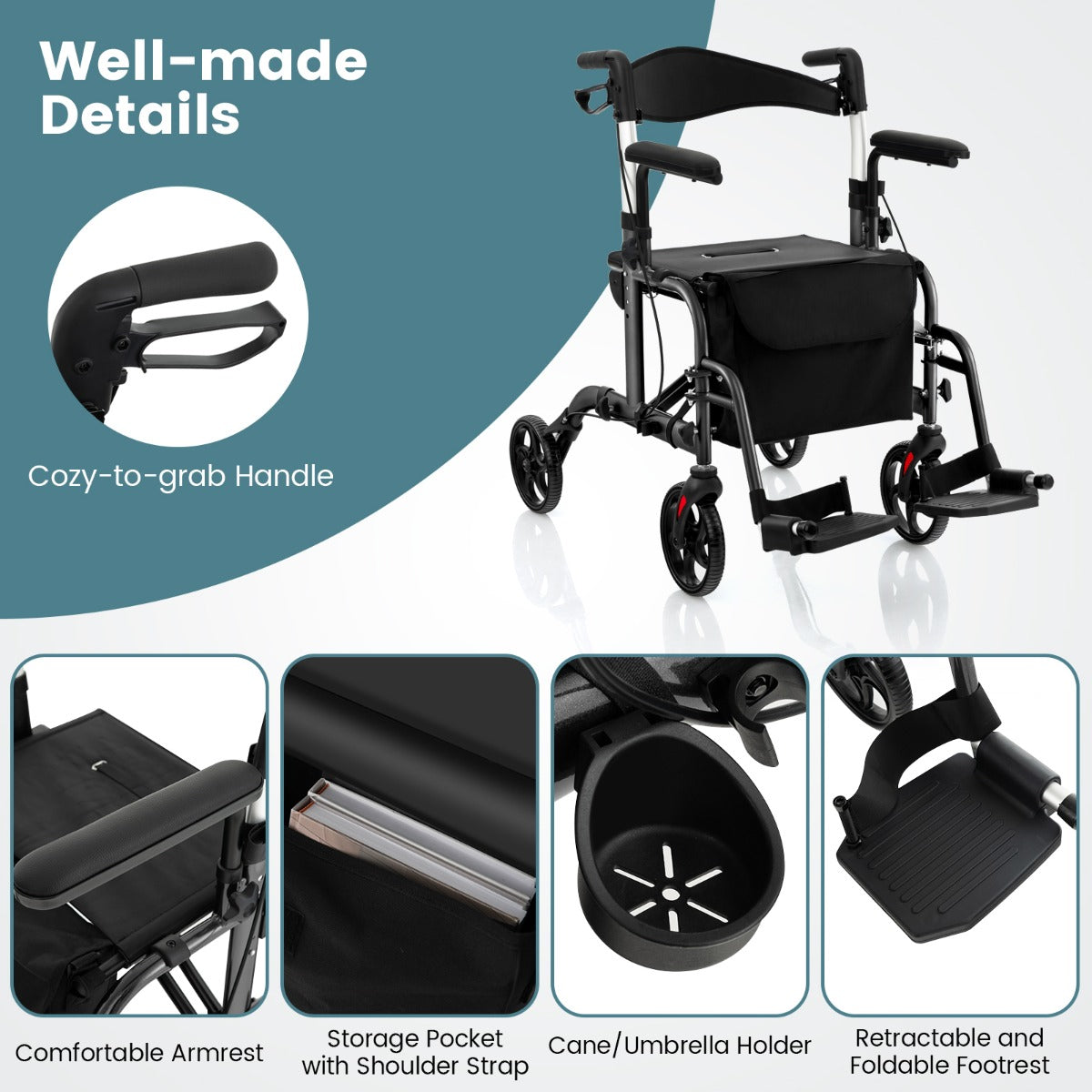 Livsk costway 2 in 1 rolstoel reisrollator met tas dubbele remmen stokhouder rollator zwart 5