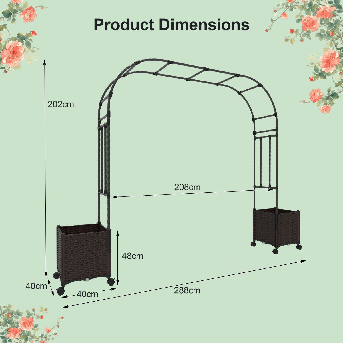 LIVSK Outdoorboog met Plantenbakken - Zelfbewateringssysteem - Hittebestendig en Roestwerend - 288 x 40 x 202 cm - Zwart/Bruin