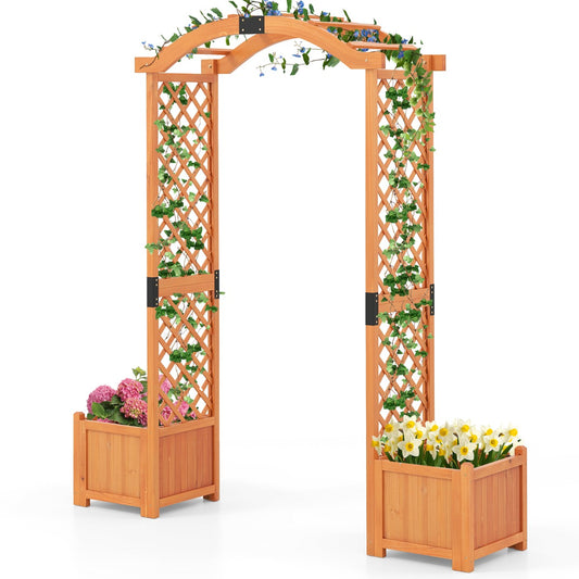 LIVSK Tuinboog met Bloembak - Natuurlijk Dennenhout met Watergedragen Lak - Afvoergaten voor Planten - 185 x 45 x 201 cm - Geel