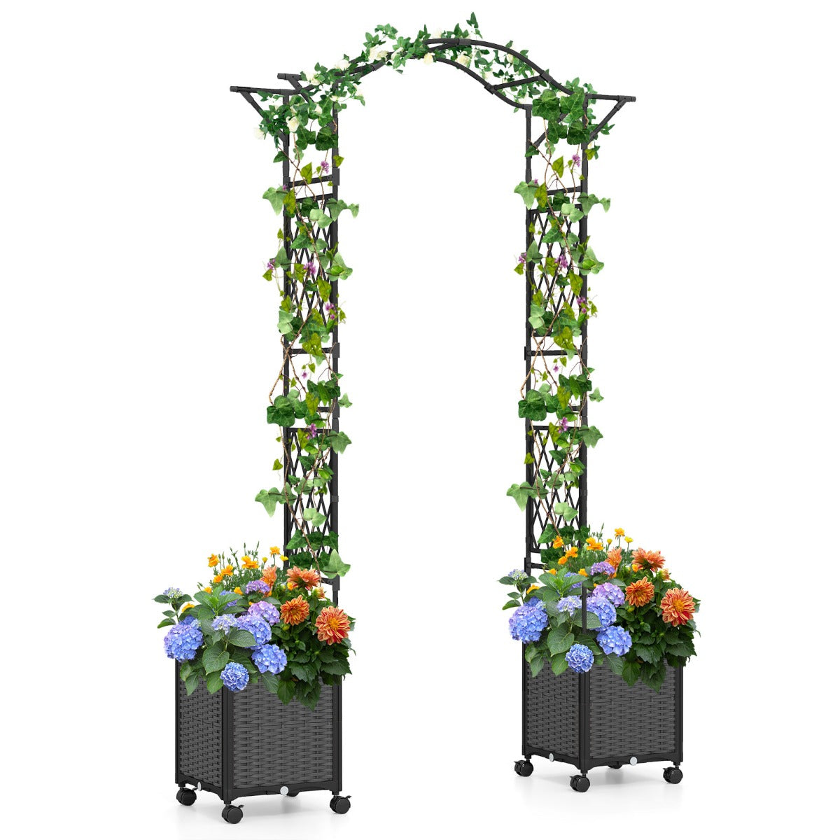 LIVSK 2-in-1 Tuinboog met Plantenbakken - Zelfbewateringssysteem - Stabiele Constructie - 208 x 40 x 250 cm - Grijs