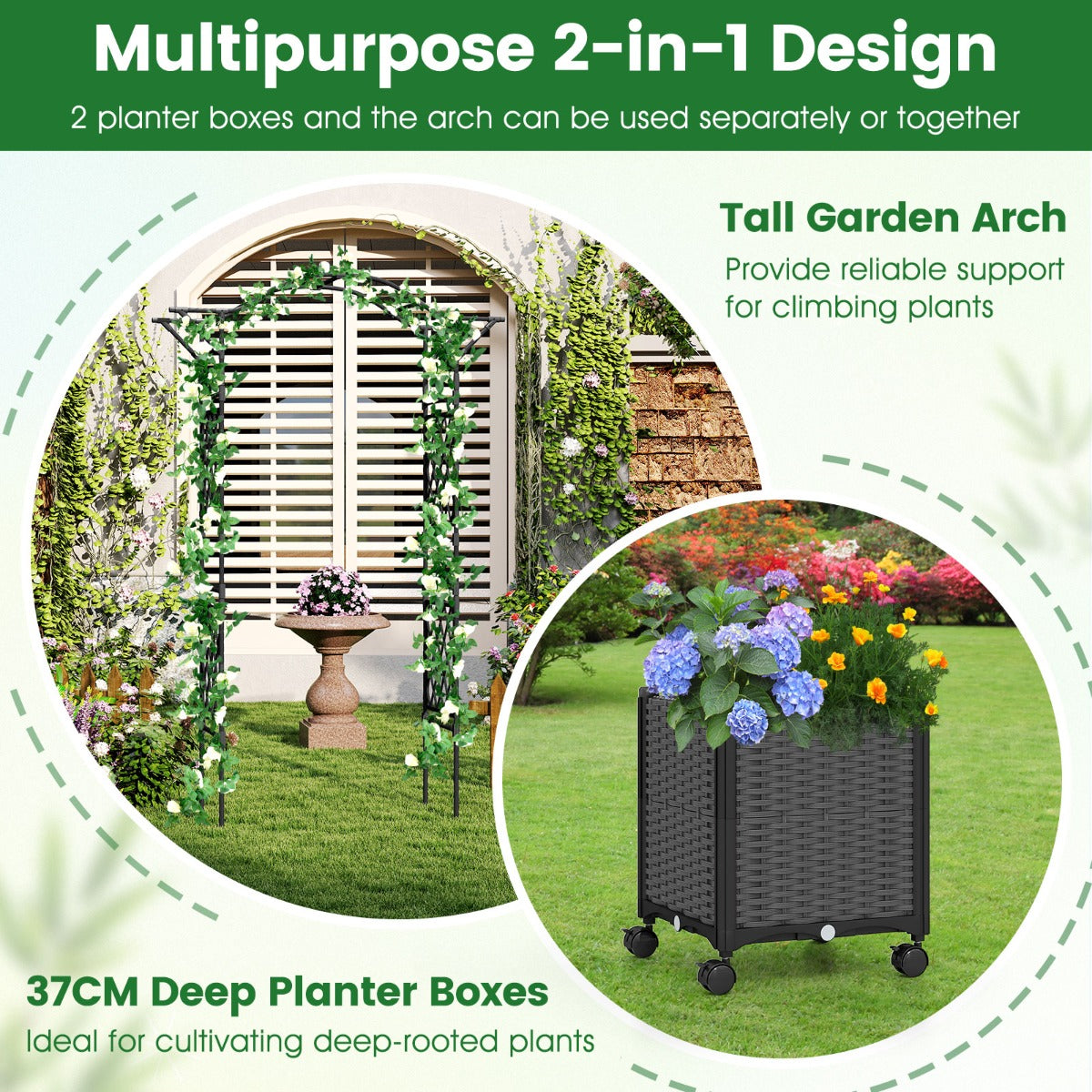 LIVSK 2-in-1 Tuinboog met Plantenbakken - Zelfbewateringssysteem - Stabiele Constructie - 208 x 40 x 250 cm - Grijs